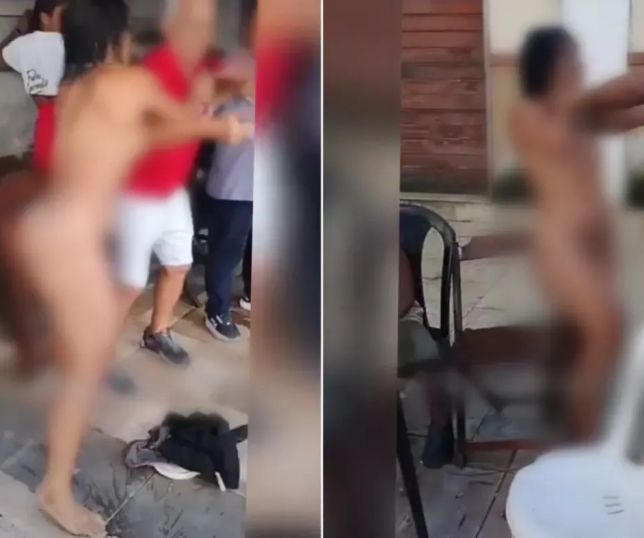 Mulher completamente nua agride idoso e o derruba durante festa; vídeo repercute nas redes sociais. VEJA 