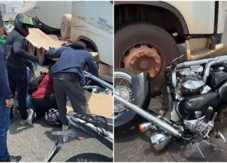 Condutor de motocicleta Harley Davidson sofre fraturas nos pés em acidente com carreta na Zona Sul de Manaus. VEJA VÍDEOS