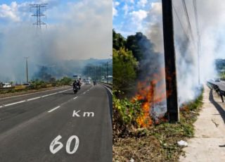 Incêndio em área de vegetação espalha fumaça e prejudica visibilidade na Avenida das Torres.  VEJA VÍDEOs