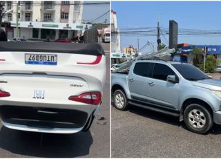 Carro Fiat Argo capota após colidir com picape S10 em cruzamento perigoso no bairro Parque Dez de Novembro, Zona Centro-Sul de Manaus. VEJA VÍDEOS E REPORTAGEM DO 'PORTAL DO ZACARIAS' AO VIVO