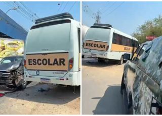 Picape Toyota Hilux colide com eixo traseiro de micro-ônibus escolar nas proximidades da barreira da rodovia AM-010, em Manaus