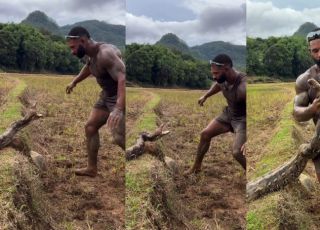 Influenciador conhecido como Tarzan passa sufoco ao ser enrolado por píton de 5,8 metros. VEJA VÍDEO