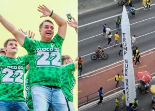 Apoiadores de Flávio Bolsonaro levam míssil inflável com pedido para Trump bombardear o Brasil a ato na Paulista